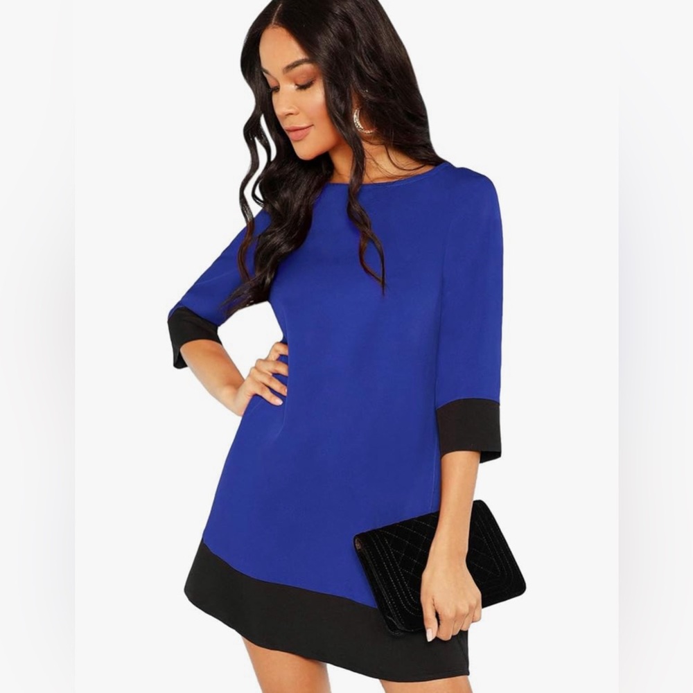 Floerns Women's 3/4 Sleeve Color Block Shift Tunic Dress Blue N M
